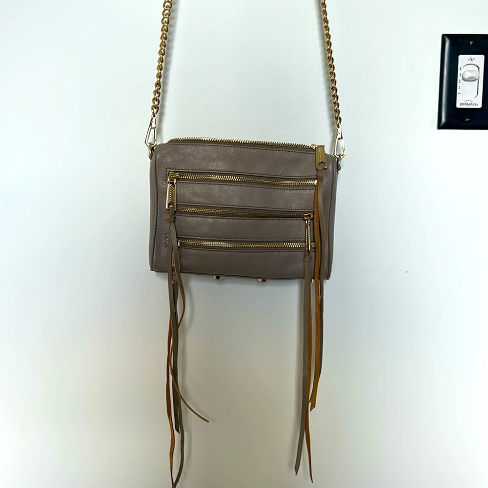 Used Rebecca Minkoff tan leather zipper bag with gold hardware